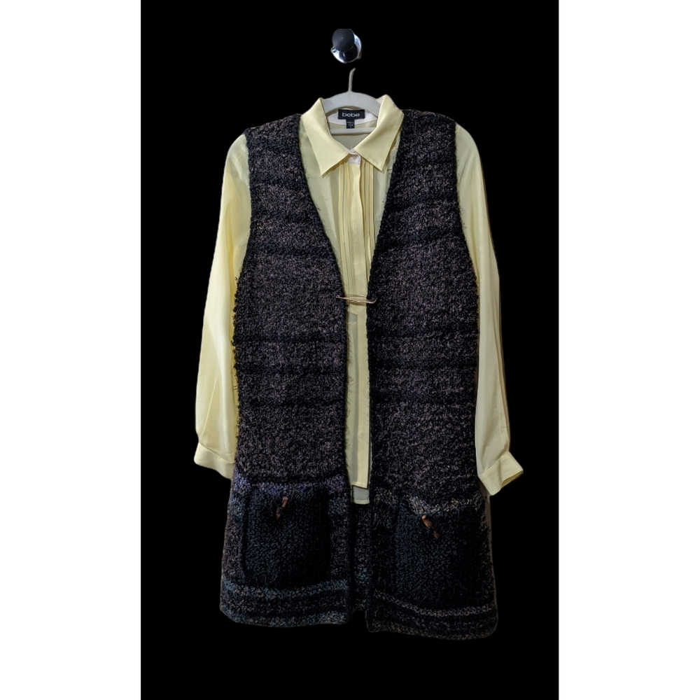Handmade Cardigan Sleeveless Long Vest SM  Front Pockets Stripes V neck vintage